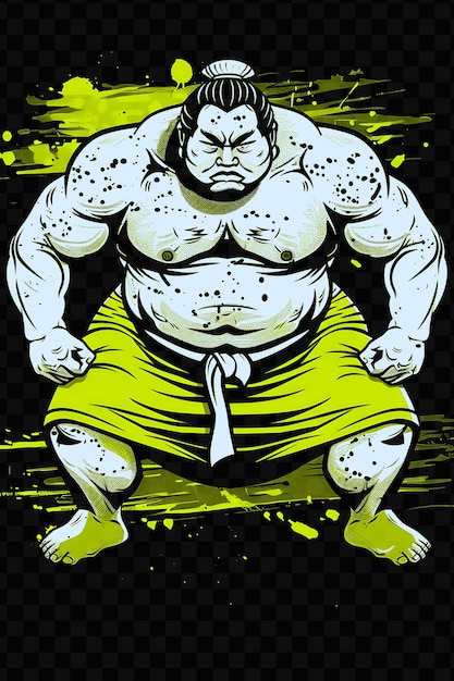 PSD luchador de sumo realizando la carga inicial con una poderosa postura w t-shirt tinta de contorno diseño cnc