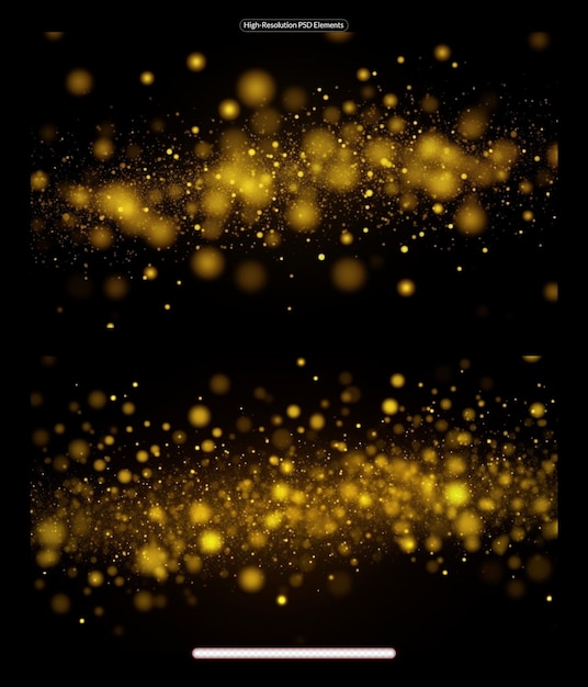 Luci e bokeh di particelle di luccichio dorato su uno sfondo nero