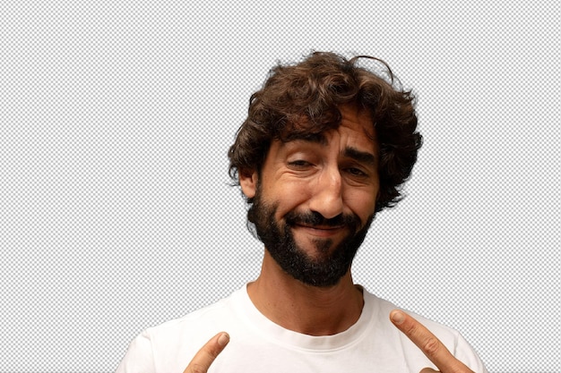 Luciendo orgulloso, arrogante, feliz, sorprendido y satisfecho, señalándose a sí mismo como un ganador
