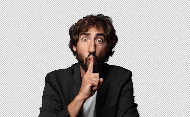 luciendo serio y enfadado con el dedo presionado en los labios exigiendo silencio o silencio manteniendo un secreto