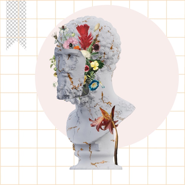 Lucius Verus Statuen 3D-Rendering Collage mit Blütenblättern Kompositionen für Ihre Arbeit