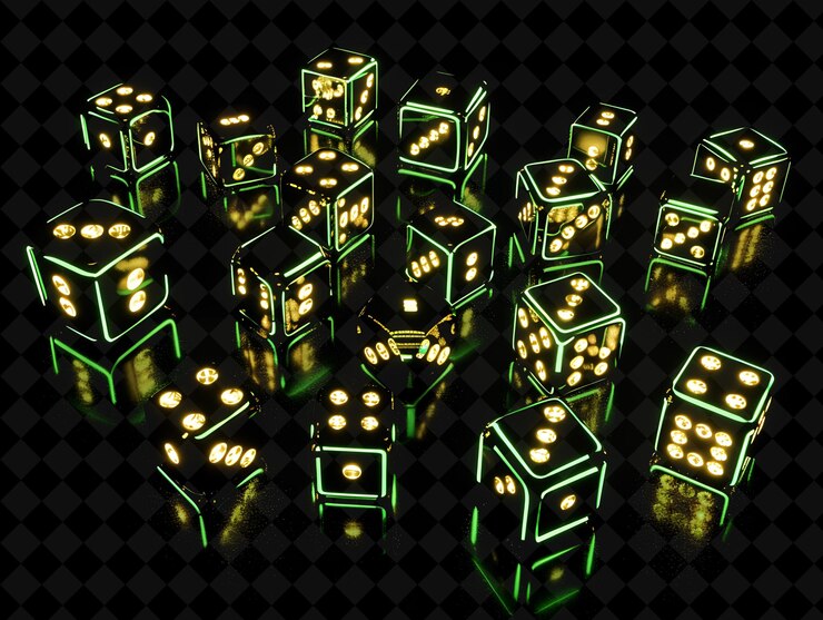 PSD lucky dice 16 bit pixel con símbolos de casino y lucky sevens y2k colecciones de arte de colores de neón en forma