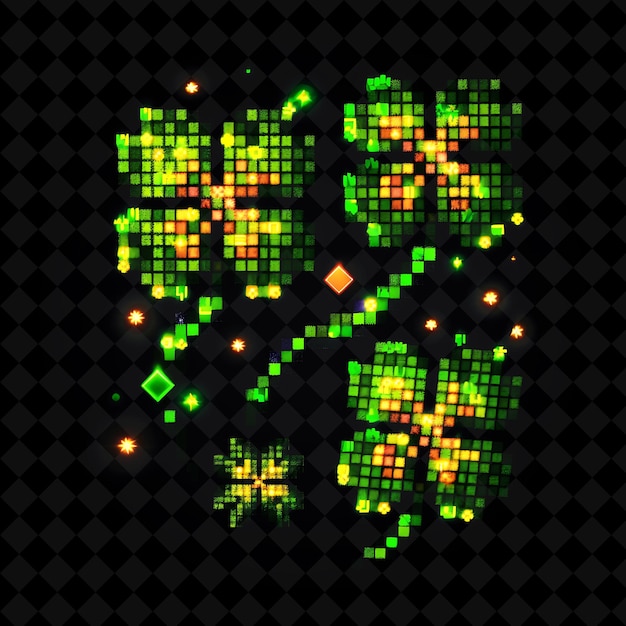 Lucky Four Leaf Clover 8 Bit Pixel con herraduras y arco iris Colecciones de arte de colores de neón de forma Y2K