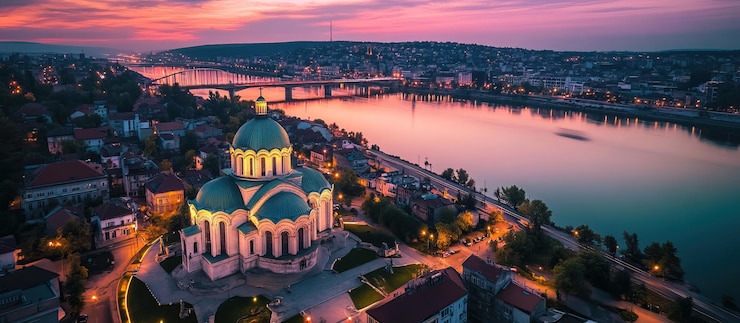 PSD luftansicht auf eine kathedrale und ein stadtbild in der dämmerung