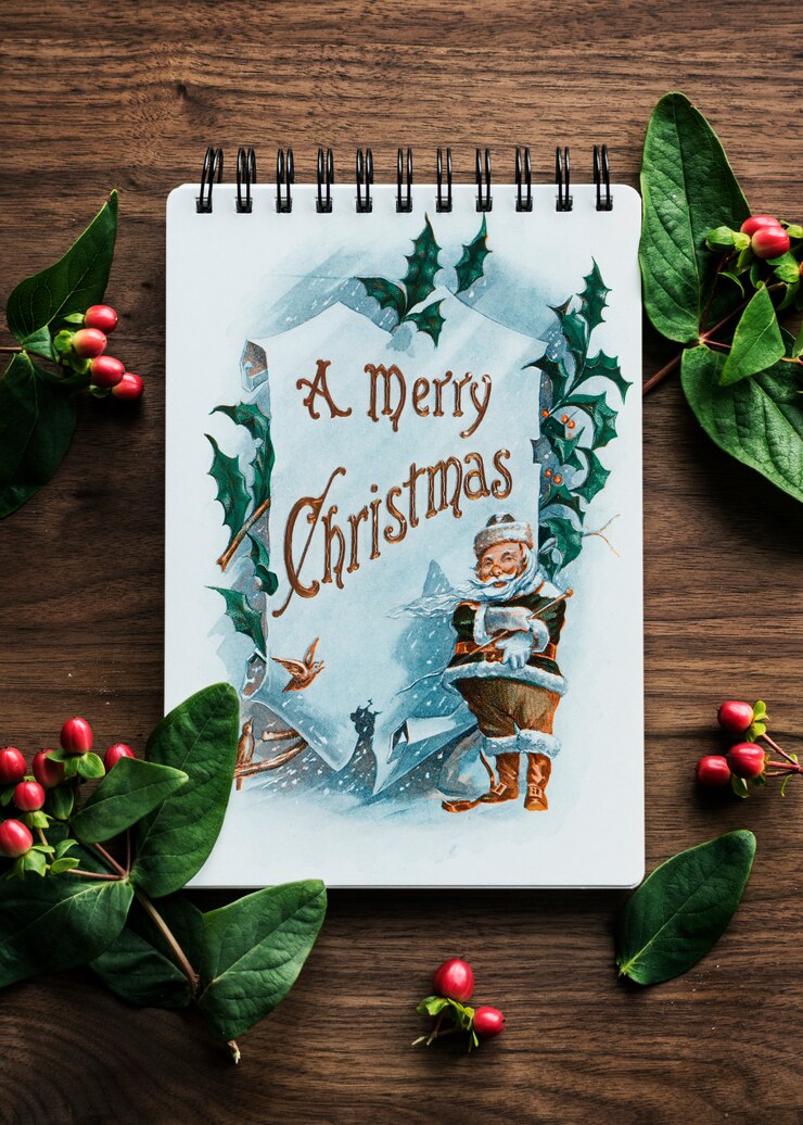 PSD luftaufnahme der weihnachtskarte auf holztisch