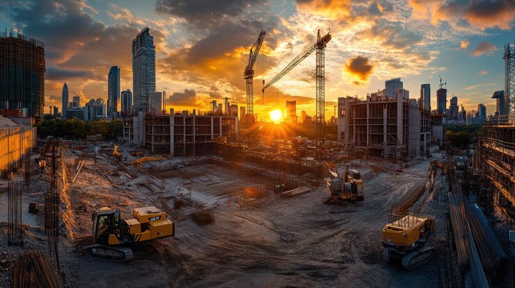 PSD lugar de construcción al atardecer con maquinaria y grúas