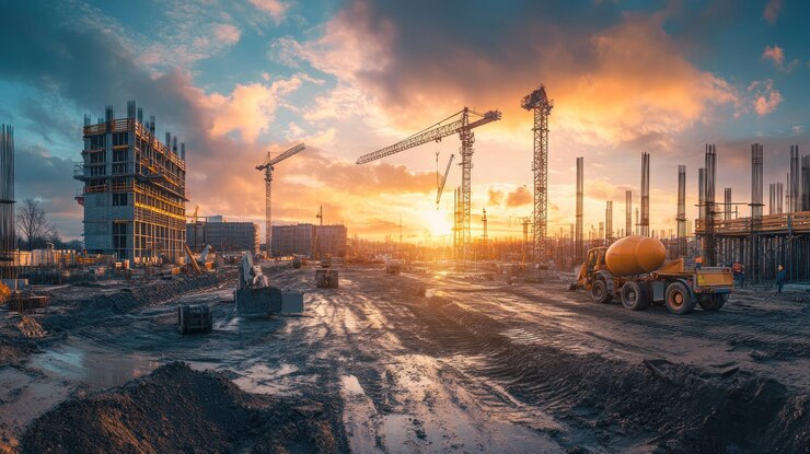 PSD lugar de construcción al atardecer con maquinaria y grúas