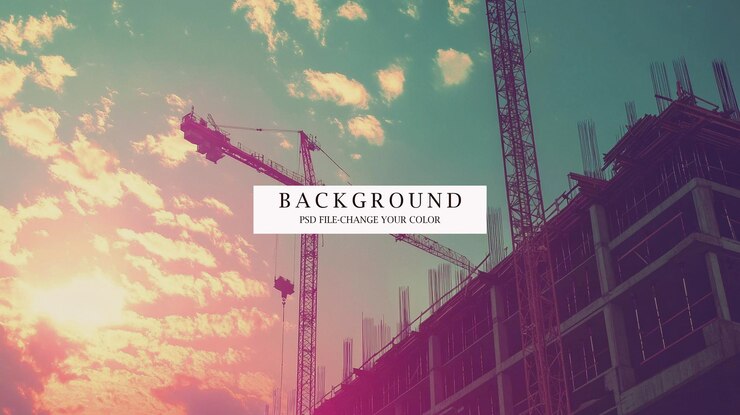 PSD lugar de construcción con grúas y edificios en el fondo del cielo