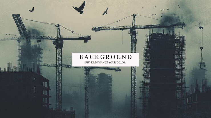 PSD lugar de construcción con grúas y edificios en el fondo del cielo