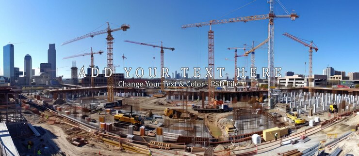 PSD lugar de construcción con grúas y paisaje urbano en el fondo