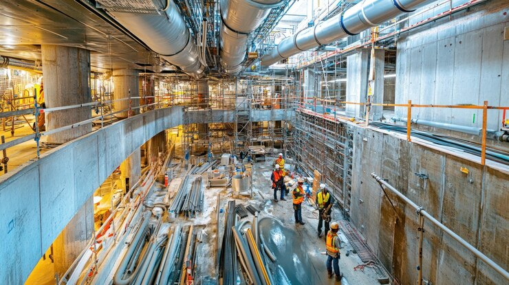 PSD lugar de construcción con trabajadores y maquinaria