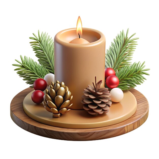 Lujosa escena navideña en 3D con velas encendidas con ramas de abeto, conos y joyas ornamentadas.