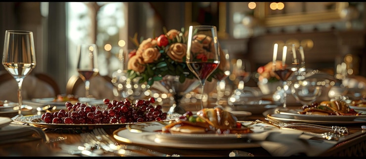 PSD una lujosa mesa de comedor con un vaso de vino tinto un plato de uvas y un plito de postre
