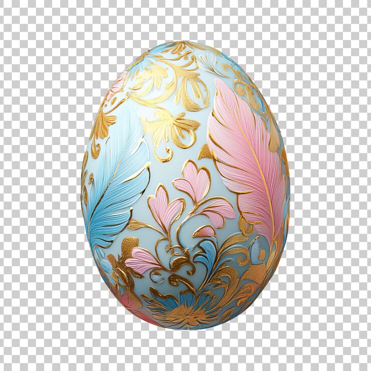 PSD lujoso huevo de pascua pastel con patrones de plumas doradas en un fondo transparente