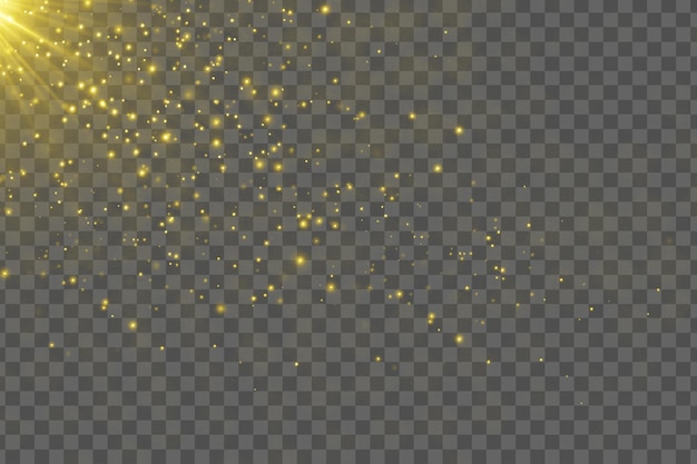 Lumière dorée avec des particules brillantes et des rayons solaires isolés sur un fond transparent