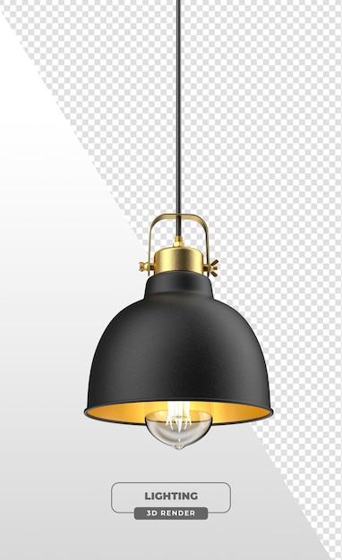 Lumière pendante de dôme industriel en noir et or Finition avec ampoule exposée en rendu 3D