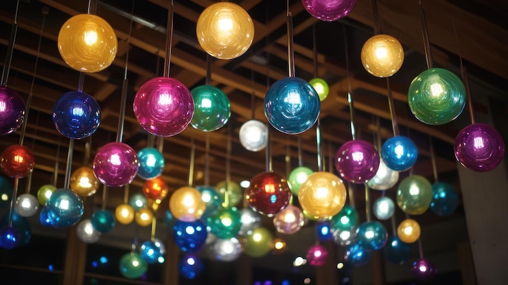 PSD luminarias colgantes de vidrio de colores colgando del techo de madera