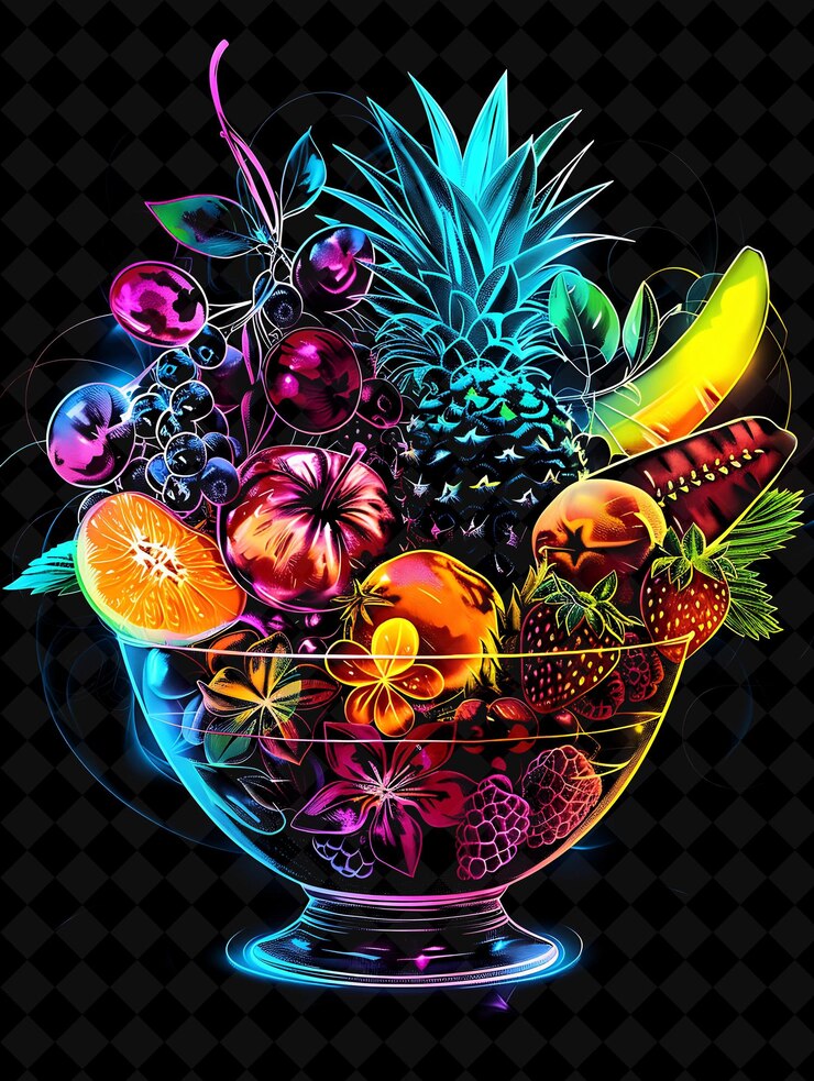 PSD luminescente glowing fruit bowl desbordamiento y explosión var neon color alimentos bebidas colección y2k