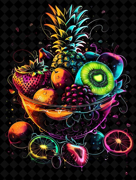 PSD luminescente glowing fruit bowl transbordando e explodindo var neon color comida bebida colecção y2k