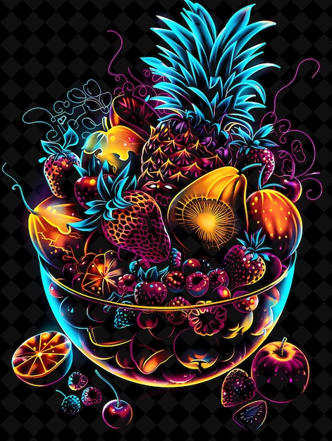 Luminescente glowing fruit bowl transbordando e explodindo var neon color comida bebida colecção y2k