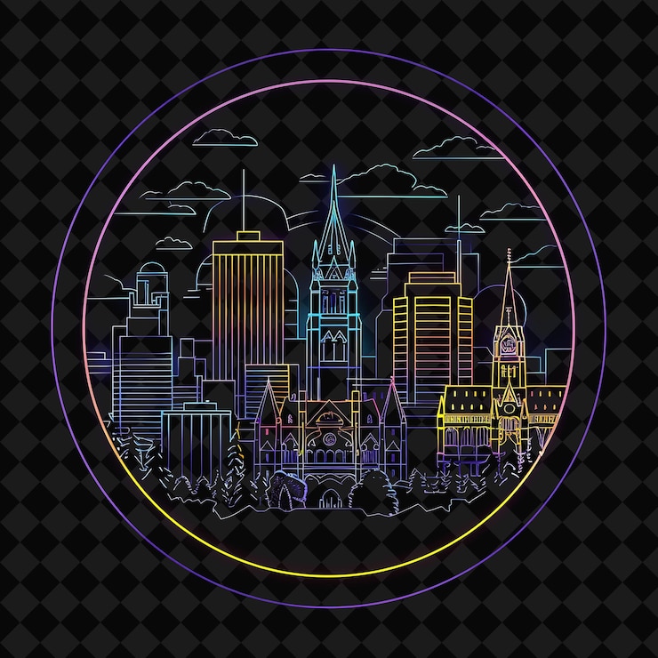 PSD luminescente neon montreal cityscape dentro de uma silhueta circular png y2k monoline cityscapes collage art
