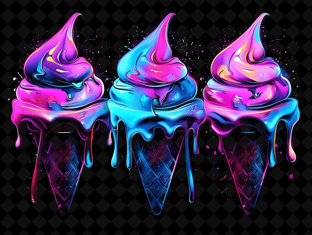 Luminescentes brillantes conos de helado derretimiento y goteo de hielo color neón comida bebida colección Y2K