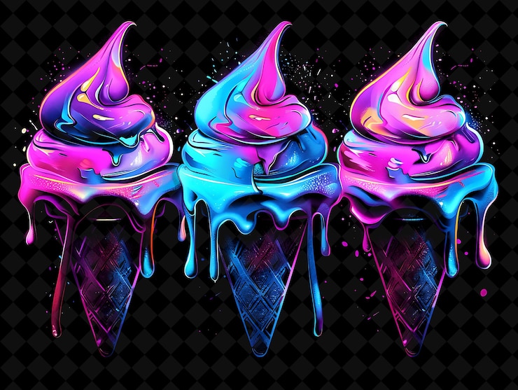 PSD luminescentes brillantes conos de helado derretimiento y goteo de hielo color neón comida bebida colección y2k