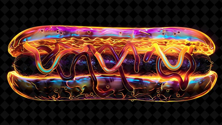 PSD luminescentes panes de perritos calientes brillantes que se desenrolan y se desenrollen color ho neon comida bebida colección y2k