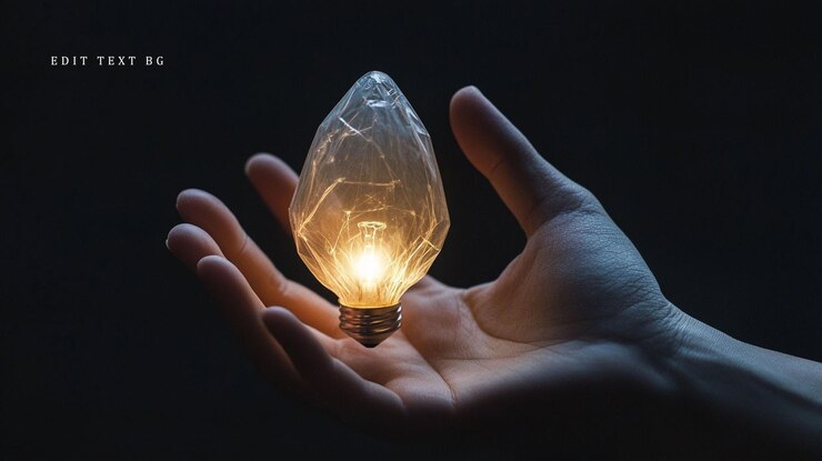PSD luminosa bombilla de cristal en un fondo oscuro de la mano