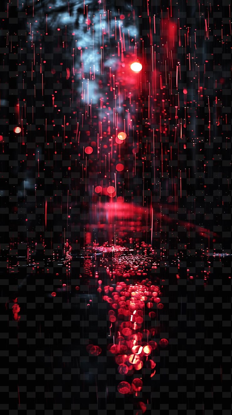 PSD luminosa lluvia sombría con gotas borrosas y color rojo malhumorado r png efecto de luz de neón colección y2k