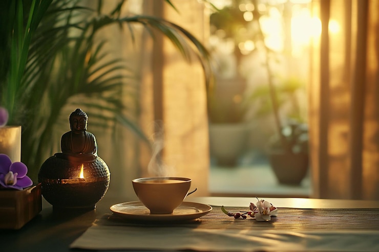 PSD luminosa mañana pacífica cálida taza de té decoración interior serena con una estatua de buda