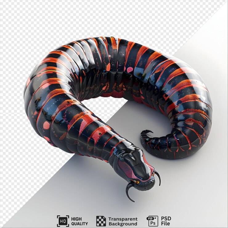 PSD luminoso gusano segmentado negro y rojo con garras afiladas en forma de c sobre un fondo blanco
