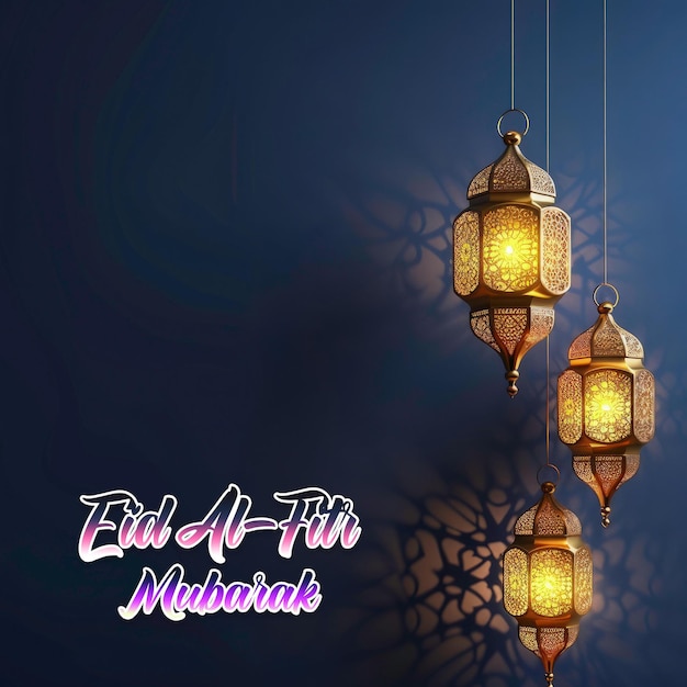 Luminoso modelo de saludos para el festival de Eid al-Fitr Linterna de Ramadán con fondo azul