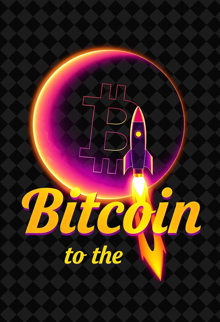 PSD luminous bitcoin to the moon text in radiant gold and deep purple with a glowing halo effect rocke