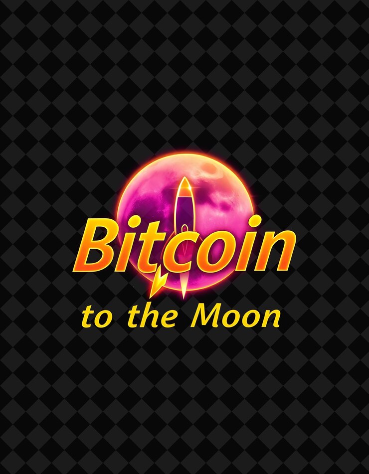 PSD luminous bitcoin to the moon text in radiant gold and deep purple with a glowing halo effect rocke