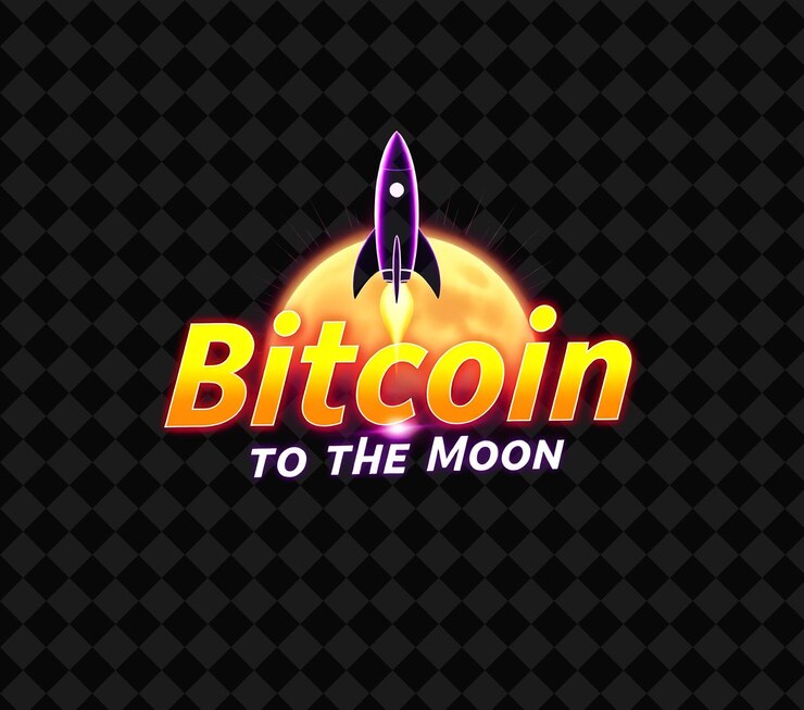PSD luminous bitcoin to the moon texto en oro radiante y púrpura profundo con un efecto halo brillante rocke