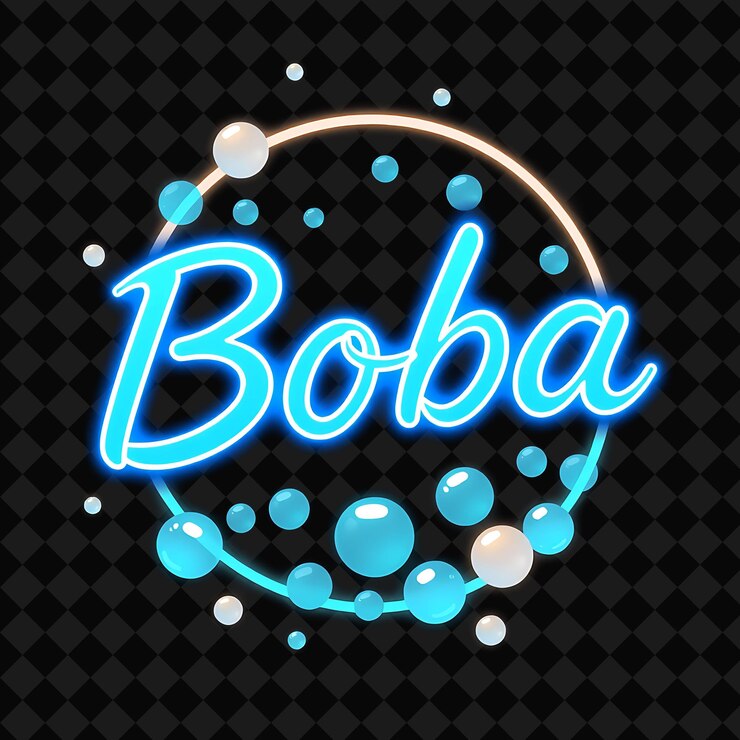 PSD luminous boba text in neon blue encircled by boba tea and pearls png inspired neon food decor r