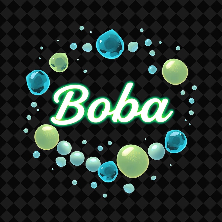 PSD luminous boba text in neon blue encircled by boba tea and pearls png inspired neon food decor r