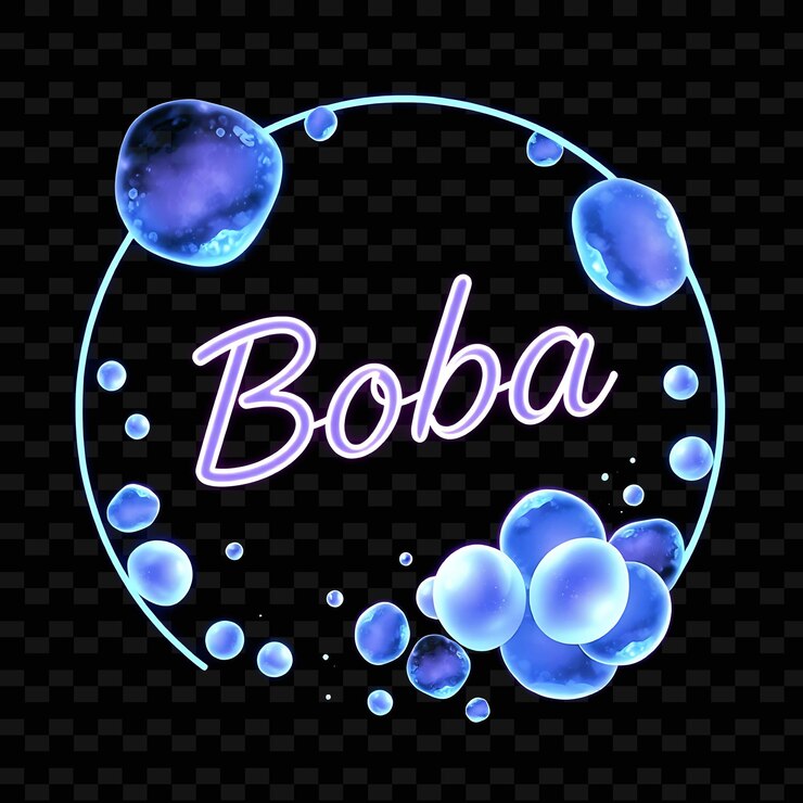 PSD luminous boba text in neon blue encircled by boba tea and pearls ref neon yummy typography designr