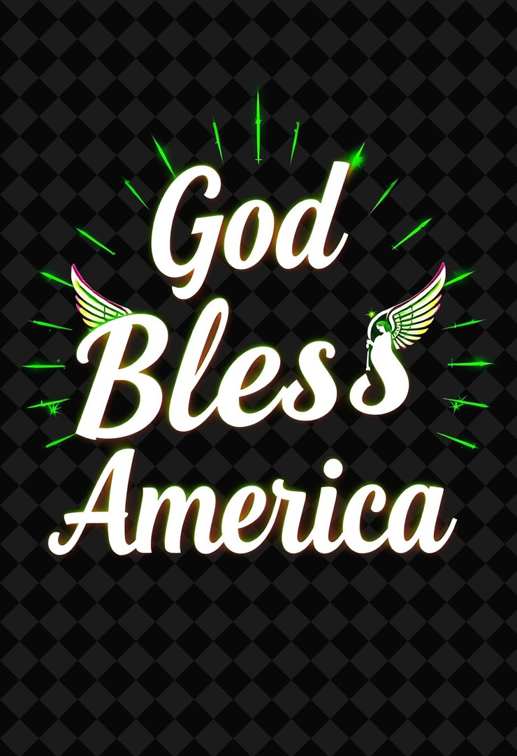 PSD luminous god bless america beams de texto con verde neón y verde lima con símbolos religiosos y
