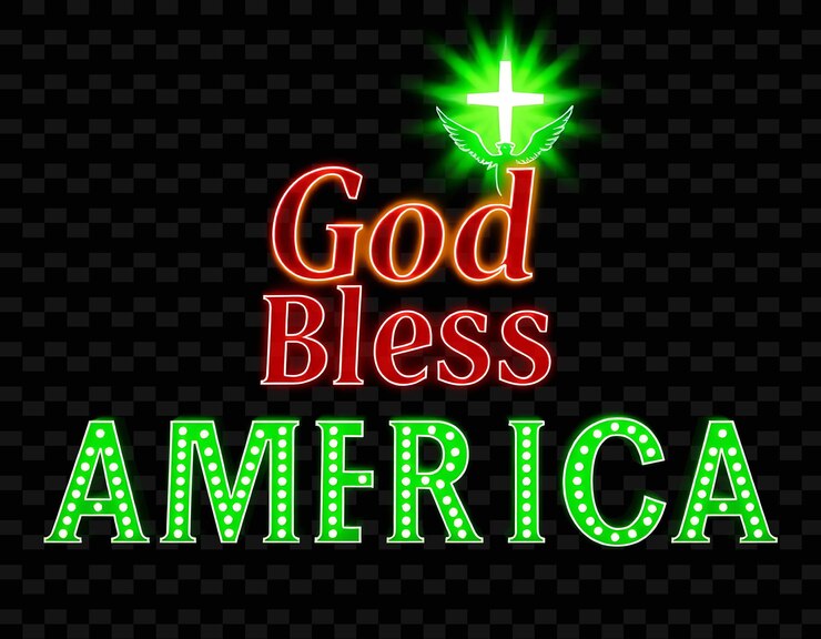 PSD luminous god bless america texts beams com verde néon e verde limão com símbolos religiosos e