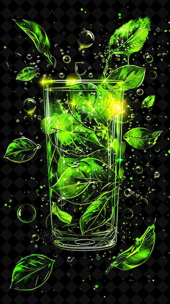 PSD luminous green tea spritzer com cascading green tea leaves cor neon alimentação bebida coleção y2k