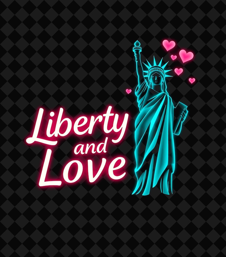 PSD luminous libertad y amor texto irradia neon teal y brillante magenta resplandeciente estatua de la libertad y