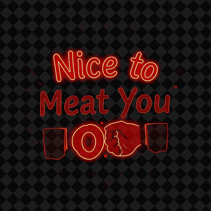 PSD luminous nice to meat you text se irradia en rojo profundo y marrón con png inspirado en la decoración de alimentos de neón