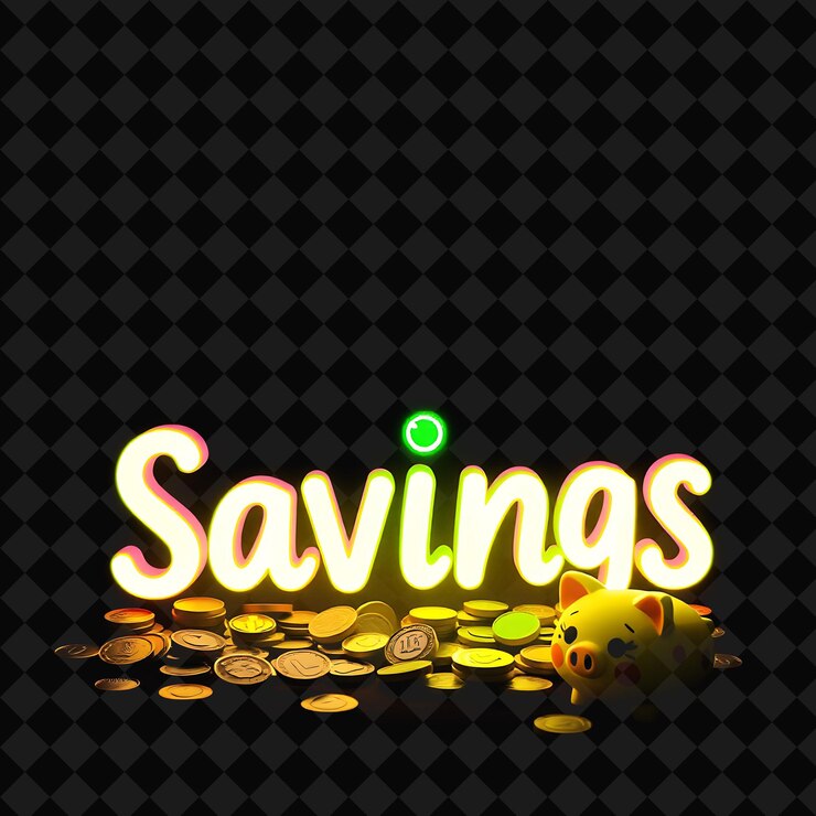 PSD luminous savings text glows in neon vibrant green and lime surrounded by kawaii coins and piggy bank