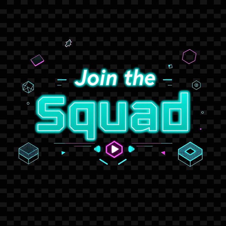 PSD luminous unirse al escuadrón pulsos de texto con vibrante neón azul y turquesa isométrico iconos de 8 bits g