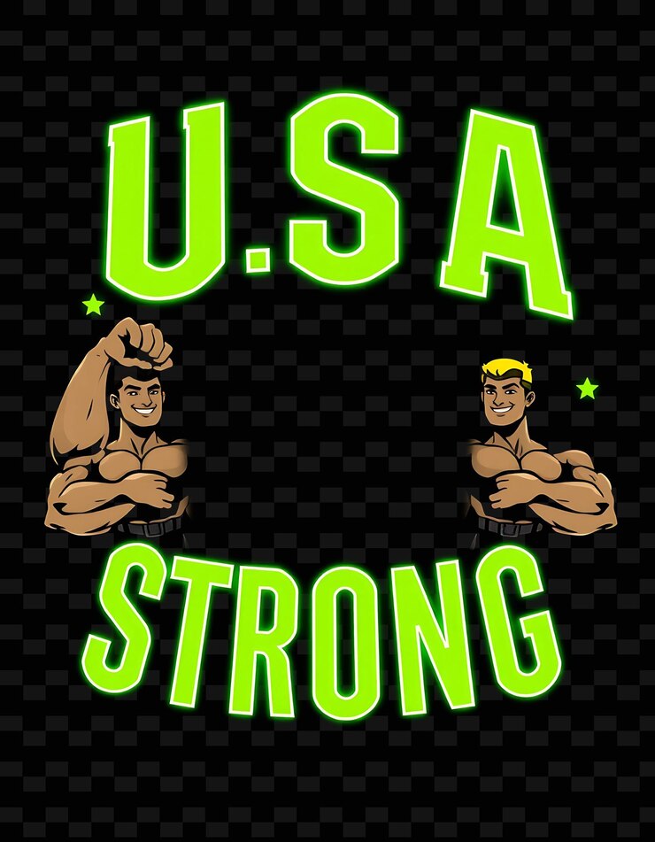 PSD luminous usa strong text beams con verde neón y verde lima con personajes de dibujos animados musculosos