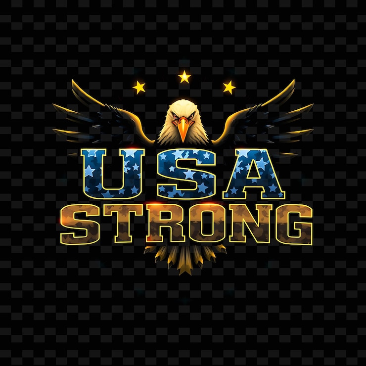 PSD luminous usa texto fuerte en oro radiante y azul profundo con un halo brillante águila muscular y stron