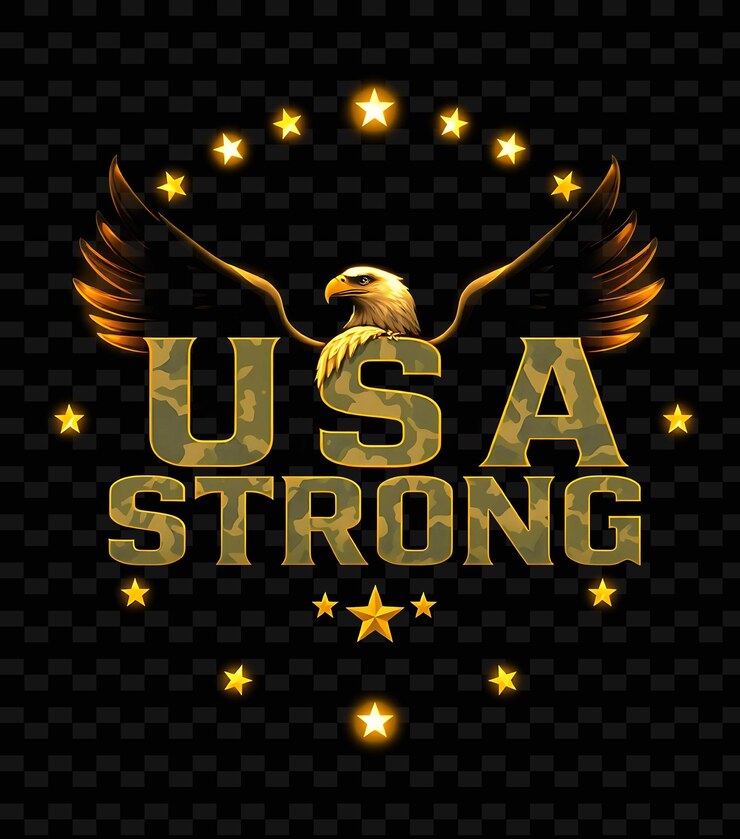 PSD luminous usa texto fuerte en oro radiante y azul profundo con un halo brillante águila muscular y stron