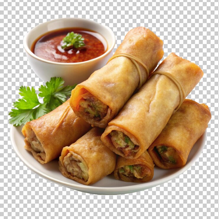 PSD lumpia de cerdo filipino frito en fondo transparente